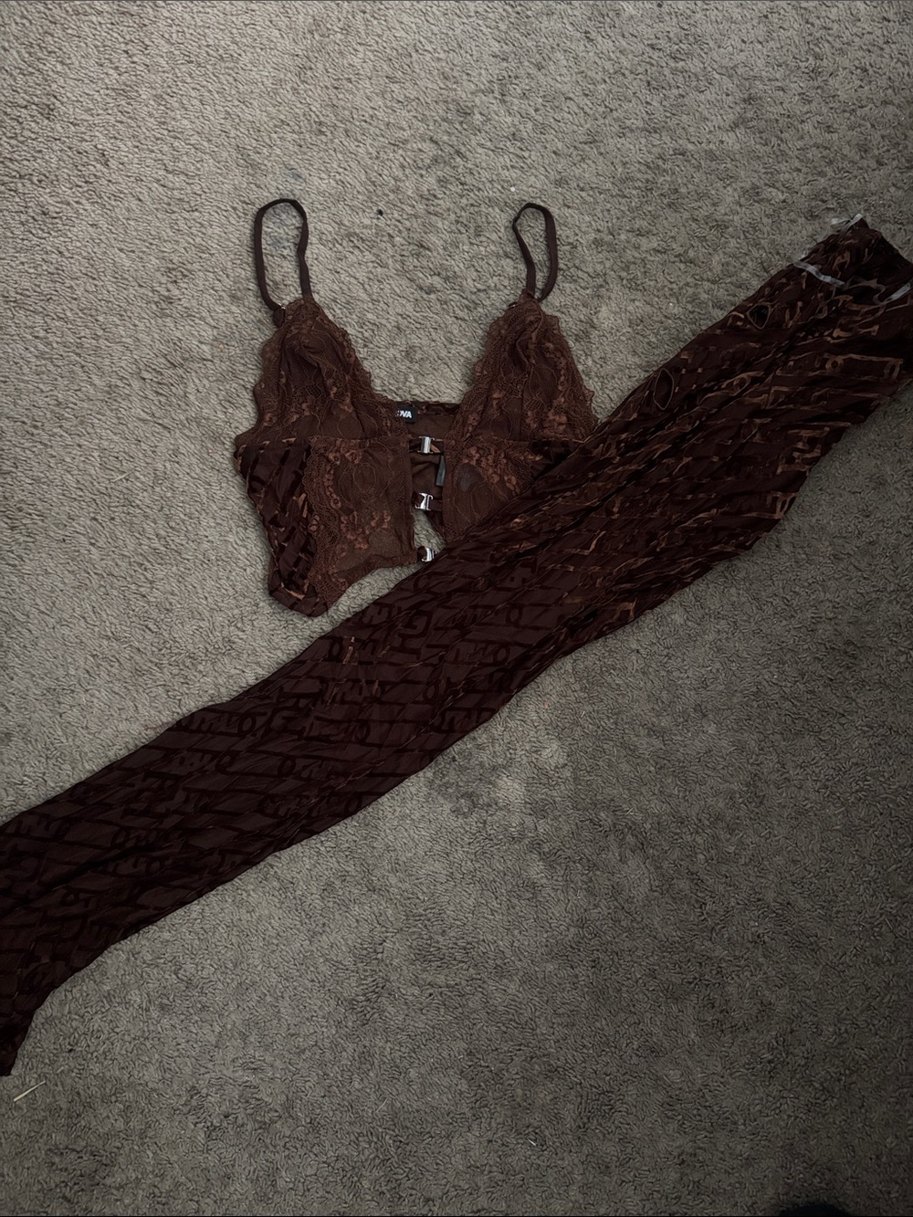 Fashion Nova Brown Lace Bralette with Sheer Patterned Tights